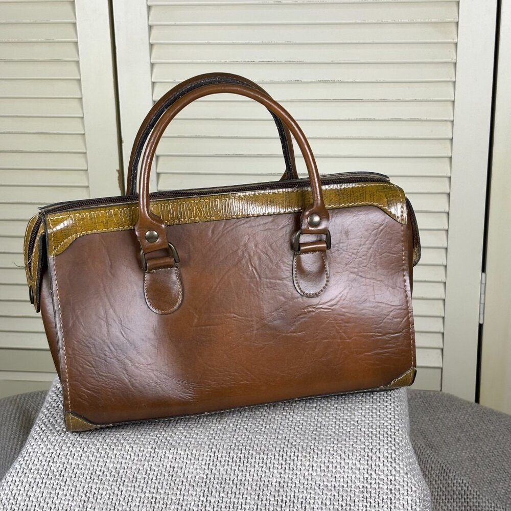 Vintage Lorenzo Leather Handbag Brown On Brown Academia Purse Double Handle Bag - Picture 5 of 7